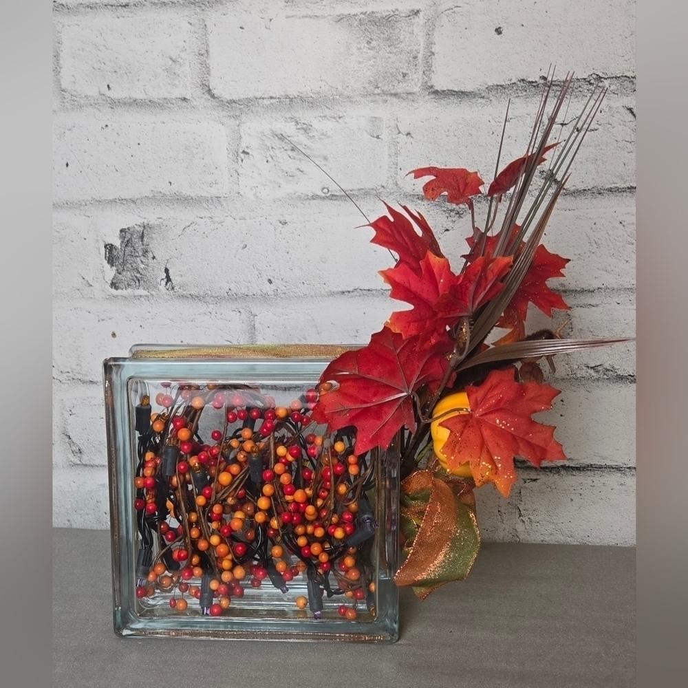 Lighted Fall Glass Block Decor Pumpkin Leaves Berries Thanksgiving Centerpiece